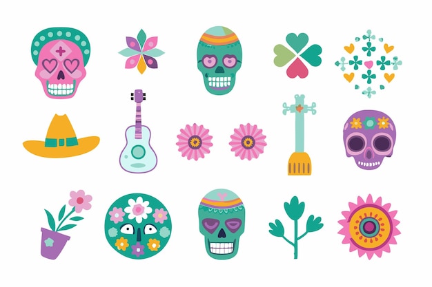 Vector mexican cartoon symbols of dia de los muertos or day of dead holiday on white background