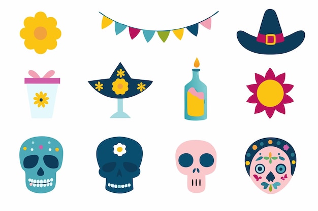 Vector mexican cartoon symbols of dia de los muertos or day of dead holiday on white background