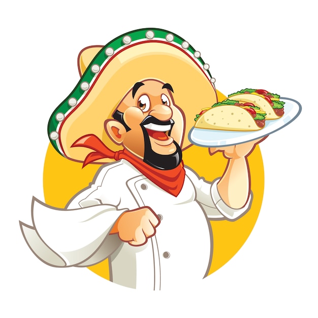 Mexican chef cartoon character holding plate with tacos