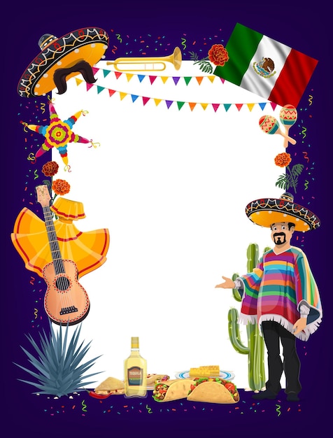 Vector mexican cinco de mayo fiesta party signboard with frame of mariachi, sombreros, maracas and guitar, cactus, pinata, mexico flag and tequila, taco, burrito and nacho. viva mexico greeting card