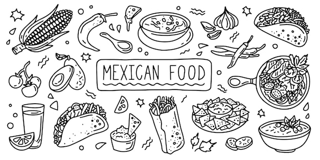 Mexican cuisine food Simple line doodle outline style black and white illustration