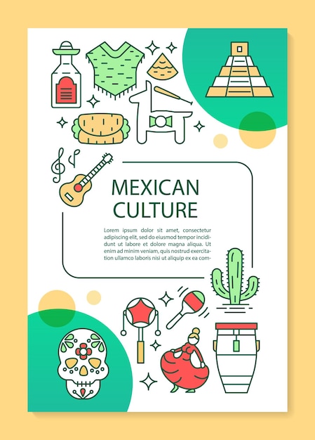 Mexican culture brochure template layout. Travel to Mexico. Flyer, booklet, leaflet print design with linear illustrations. Vector page layouts for magazines, annual reports, advertising posters