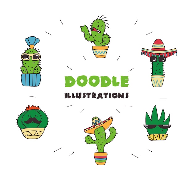 Mexican cute cactus with mustache and sombrero Doodle style bright colors