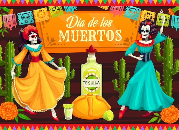 Mexican Day of the Dead dancing Catrina skeletons.  Dia de los Muertos skeleton dancers with calavera skulls, cactuses and marigold flowers, tequila, lime and bread, decorated with papel picado