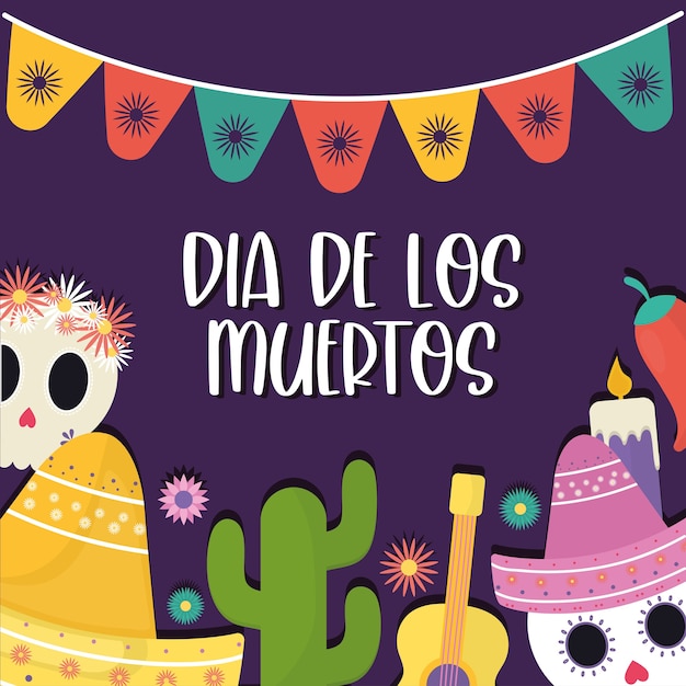 Mexican day of the dead icon set with banner pennant design, Mexico culture theme.