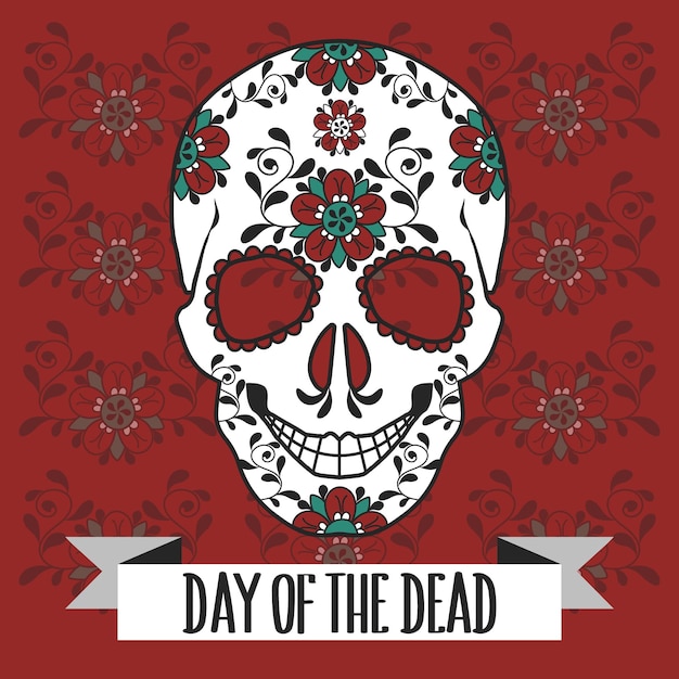 Mexican Day of the Dead illustration with Death Mask Skull with flowers ornament Holiday card