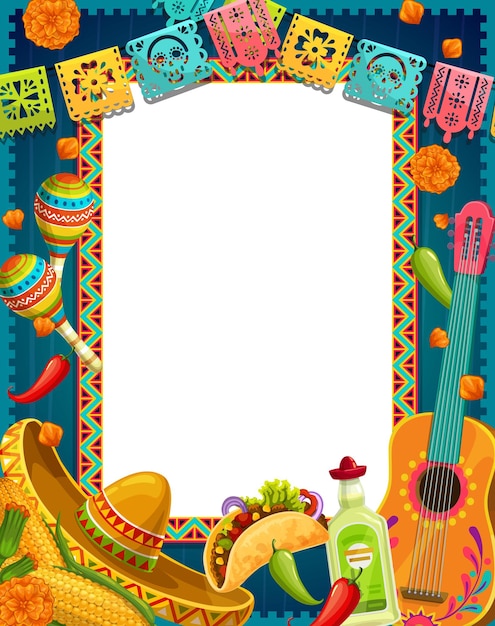 Vector mexican dia de los muertos banner with papel picado flags guitar and marigold flowers vector background mexican day of dead holiday tequila and maracas taco and tequila in frame of papel picado