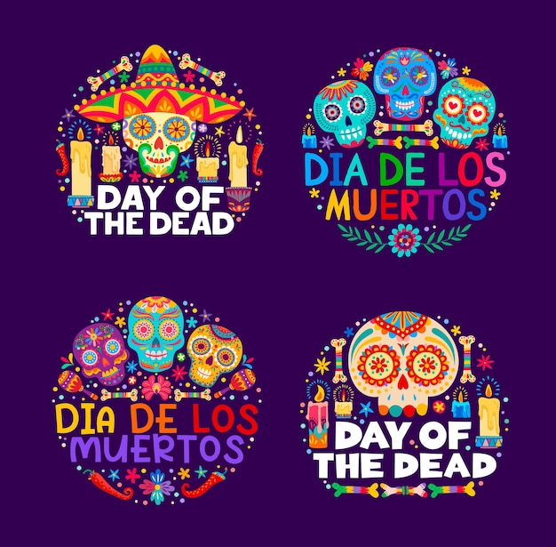 Mexican Dia De Los Muertos or Day of Dead holiday banners vector calavera skulls Dia de Los Muertos fiesta decorations with candles chili peppers and Mexican floral ornament for dead day carnival