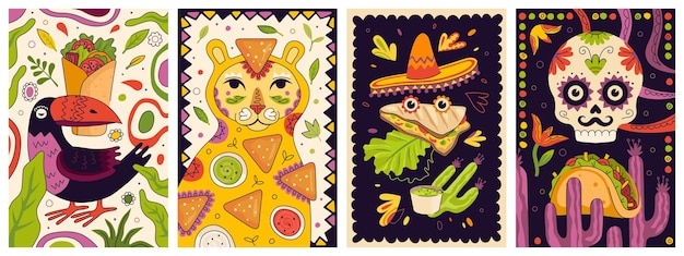 Mexican fast food promo poster design set. Mexico cuisine banner burrito. Latin American dish placard nachos or nacho and sauces. Restaurant or eatery advertising flyers quesadilla and tacos or taco