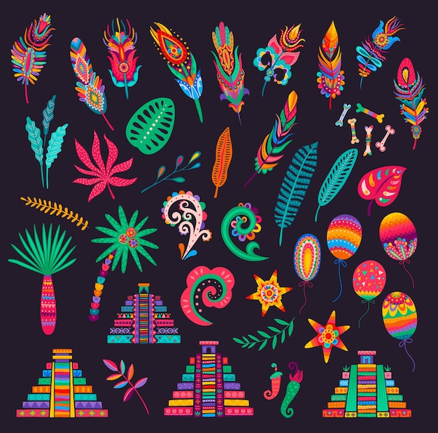 mexican feathers, bones and palms, pyramids and flowers, peppers, leaves