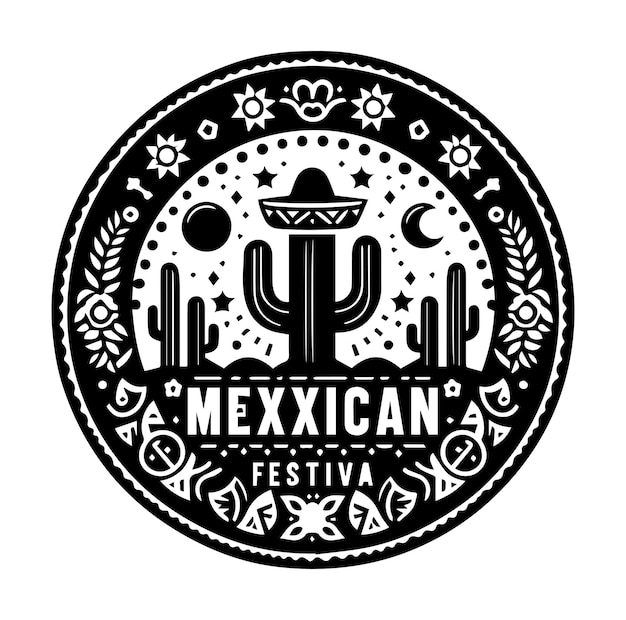 Vector mexican festival vintage round label silhouette