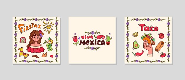 Vector mexican festive cards for social media square greeting post set background for sale promotions