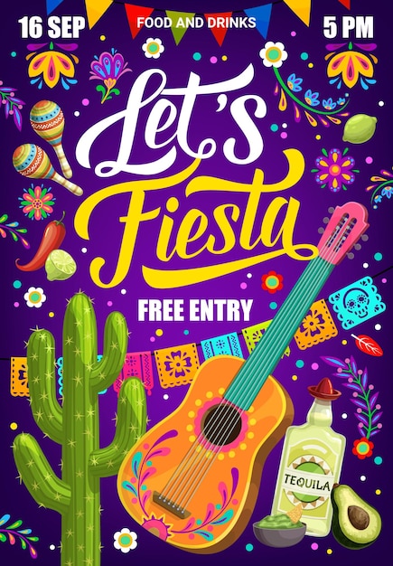 Mexican fiesta party flyer of vector Mexico holidays Cartoon guitar maracas chili and tequila cactus and papel picado flags garland on floral pattern background Viva Mexico Cinco de Mayo poster