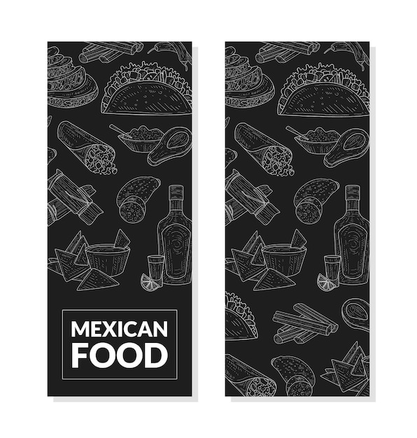 Mexican Food Banner Template with Hand Drawn Pattern Restaurant or Cafe Menu Design Element on Chalkboard Vector Illustration on White Background