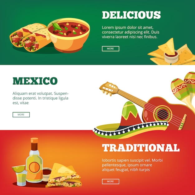 Mexican food banners. National traditional cuisine mexico quesadillas tequila salsa sauce chilli pancho guitar maracas vector pictures