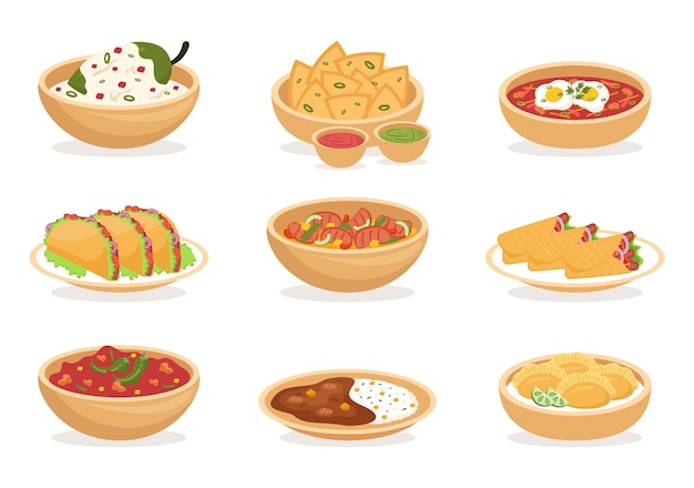 Mexican Food Restaurant with Various of Delicious Traditional Cuisine on Flat Illustration