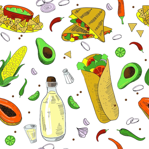 Mexican food seamless pattern handdrawn vector background