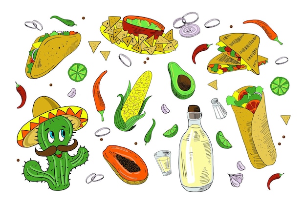 Mexican food set of cartoon sketch illustrations vector collection