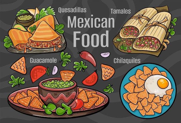 Mexican food A set of classic dishes Cartoon hand drawn illustration