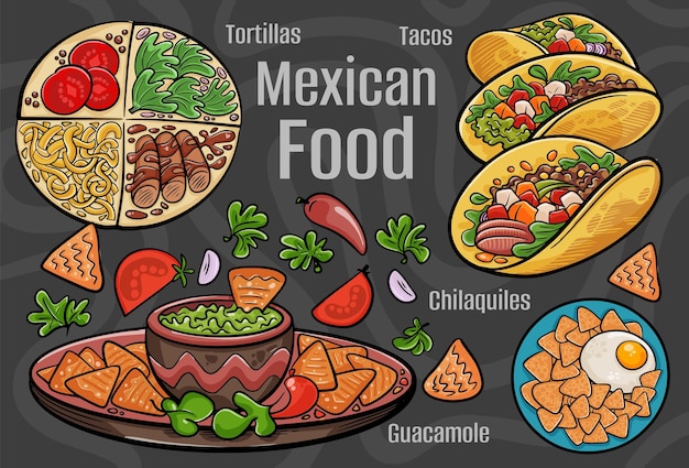 Mexican food A set of classic dishes Cartoon hand drawn illustration