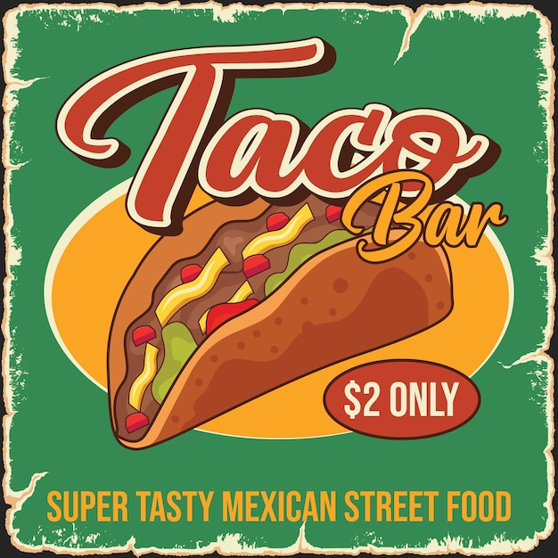 Mexican food taco bar retro advertisement promo poster vector template