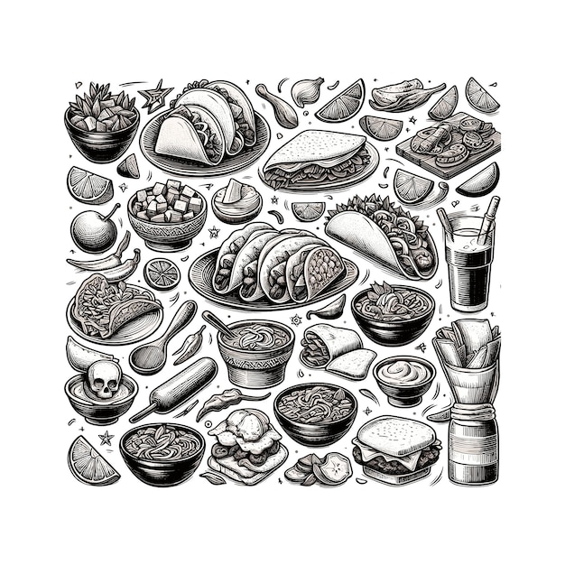 mexican food vector illustration black and white hand drawn