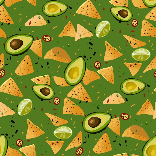 Vector mexican food with spices a pattern of guacamole sauce and nachos in a falling mix on a green back