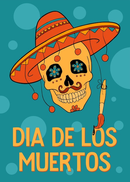 Mexican funny skull with mustache in a sombrero and headline.