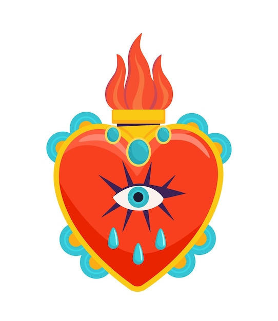 Vector mexican heart concept red heart with flame and eye religion and faith belief spiritual holiday and