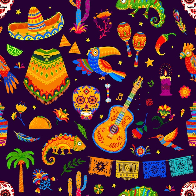 Mexican holiday and festival objects seamless pattern Vector background with cartoon sombrero hat maracas guitar and hummingbird guitar toucan chameleon and flowers in ethnic alebrije style