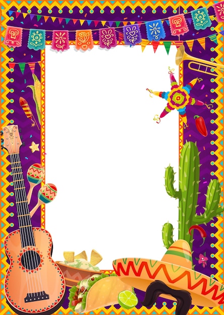 Mexican holiday frame with guitar food and flags