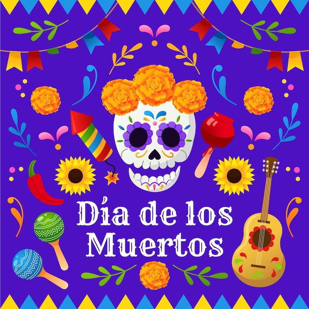 Mexican holiday greetings and Day of Dead celebration symbols. Skull, guitar, maracas and marigold.