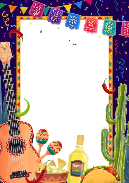 Vector mexican holiday poster with guitar food and flags