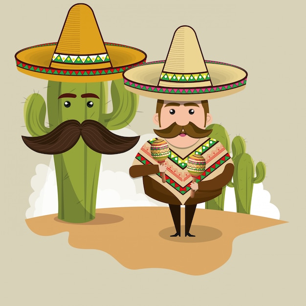 mexican man character with culture icons