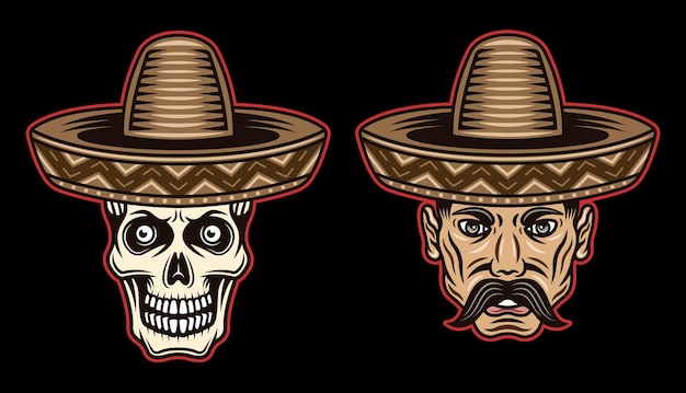 Mexican man head with mustache and skull in sombrero hats vector illustration in colorful style on dark background