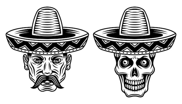 Mexican man head with mustache and skull in sombrero hats vector illustration in vintage monochrome style isolated on white background