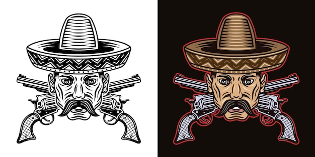 Mexican man head with mustache in sombrero hat and crossed guns vector illustration in two styles black on white and colorful on dark background