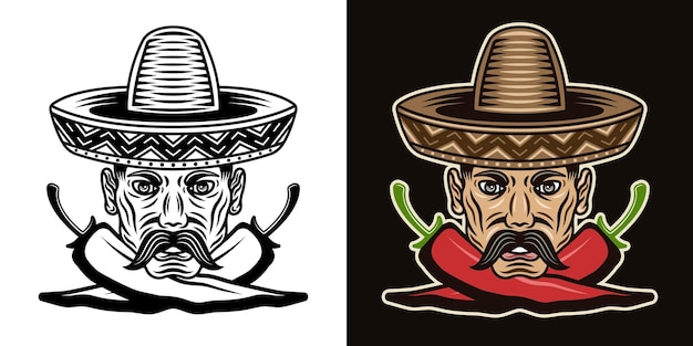 Mexican man head with mustache in sombrero hat and two crossed chili peppers vector illustration in two styles black on white and colorful on dark background