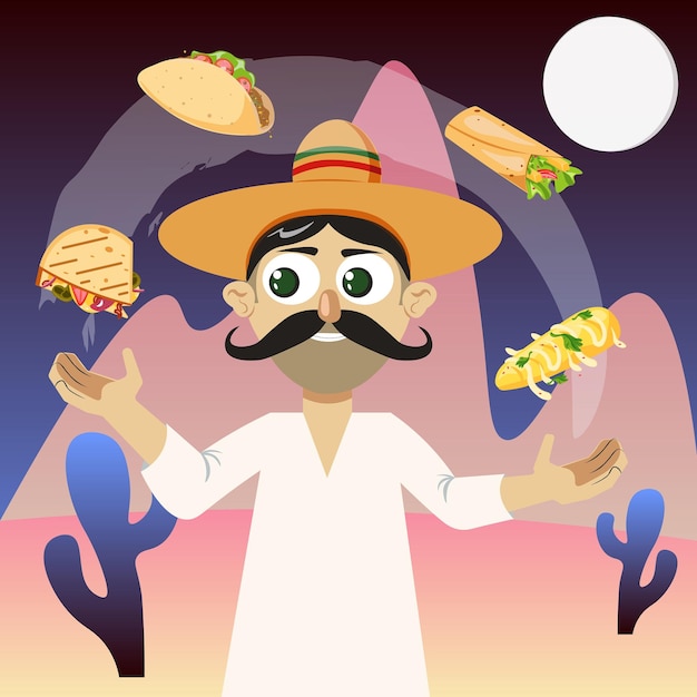 a Mexican man juggles various types of food against the backdrop of mountains and cacti