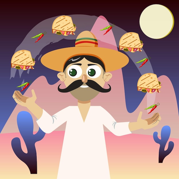 a Mexican man juggles various types of food against the backdrop of mountains and cacti