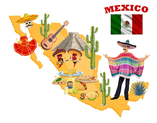 Mexican map with mariachi, red chilli pepper musicians, sombrero hats, maracas and guitar, flag of Mexico, cactuses and tequila, taco, burrito and quesadilla. Mexican holiday greeting card