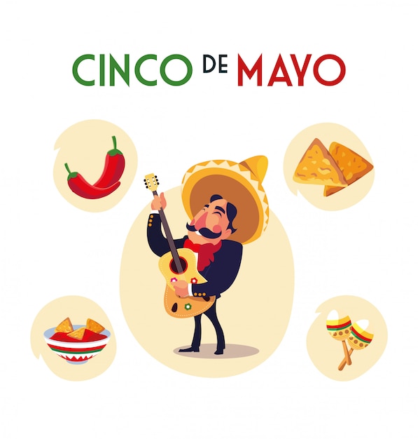 Mexican mariachi with set icons of the cinco de mayo