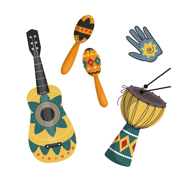 Mexican musical instruments with national patterns. Bright guitar, drum and maracas. National color. Isolated design elements on a white background.