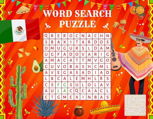 Mexican musician flag and food word search puzzle