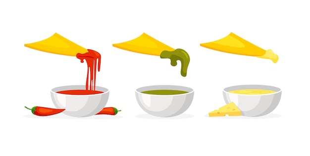 Vector mexican nachos with guacamole, cheese and hot chili pepper sauces. nacho chips. vector illustration.