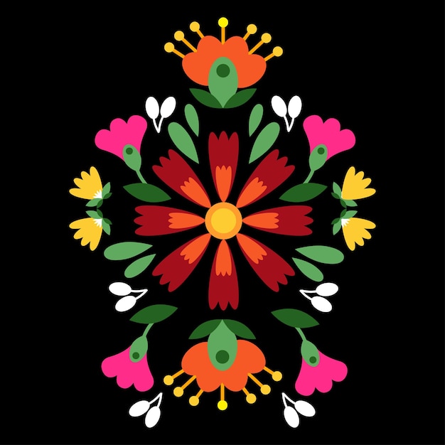 Vector mexican national ethnic flower embroidery on a black background