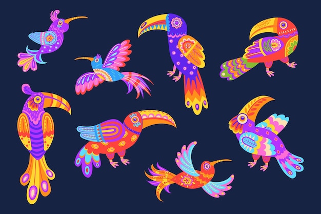 Mexican ornamental birds Traditional mexico embroidery tropical bird art alebrije animal with beautiful floral ornament feathers tribal folklore craft neat vector illustration