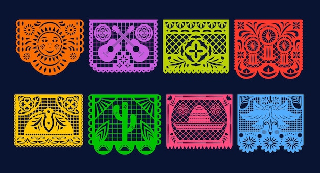 Mexican papel picado papercut flags vector set