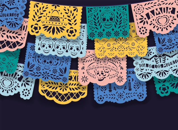 Mexican papel picado, pecked paper laces hanging on string. Mexico decoration for Dia de los Muertos means Day of Dead. Colorful festive flags, hispanic ornament background. Flat vector illustration.