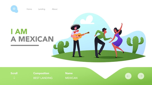 Mexican Party, Cinco De Mayo Festival Landing Page Template. Mariachi with Guitar and Dancer Characters in Traditional Clothes Celebrating National Music Holiday. Cartoon People Vector Illustration